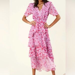 Hale Bob Pink Floral Tiered Ruffle Dress NWT S